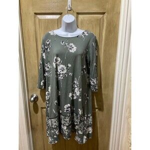 J Jill Wearever Floral Midi Dress 3/4 Sleeves Sz PM Green White Crew Neck